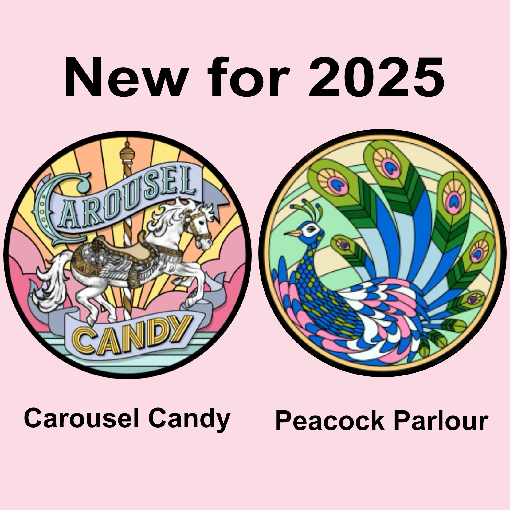 An image announcing two new shops at Lagoon for 2025: Peacock Parlour and Carousel Candy. The image has both logos on it with the wording on the top and bottom.