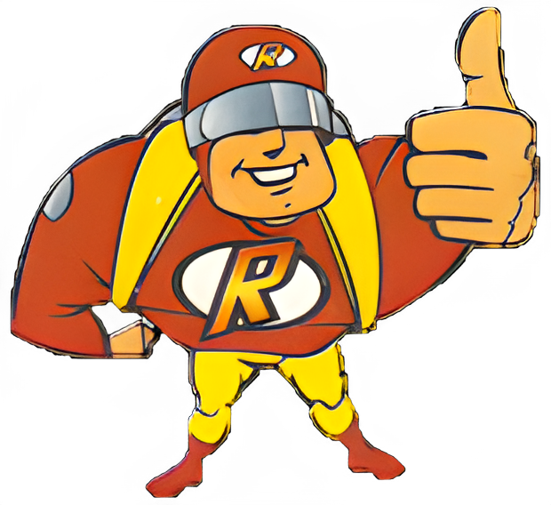 A drawing of the Rocket Guy character Lagoon used back when The Rocket debuted. He is dressed like a super hero in spandex with a large R on his chest and a helmet with a visor.