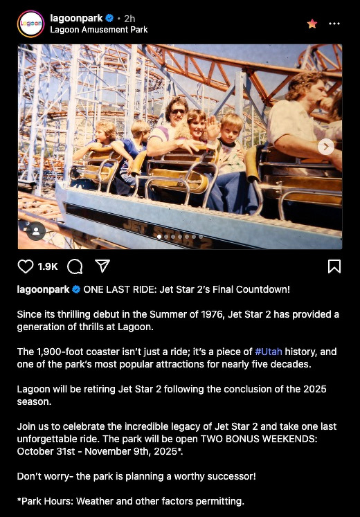 People are enjoying a roller coaster ride at Lagoon Amusement Park, and there's an announcement about the retirement of the Jet Star 2 coaster.