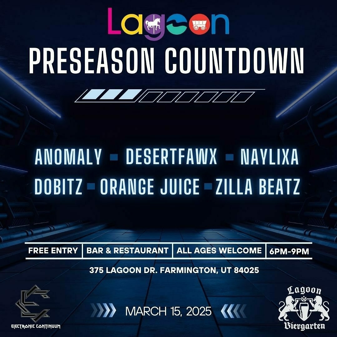 A promotional poster for "Lagoon Preseason Countdown" featuring a lineup of performers, free entry, and event details on March 15, 2025, in Farmington, UT.