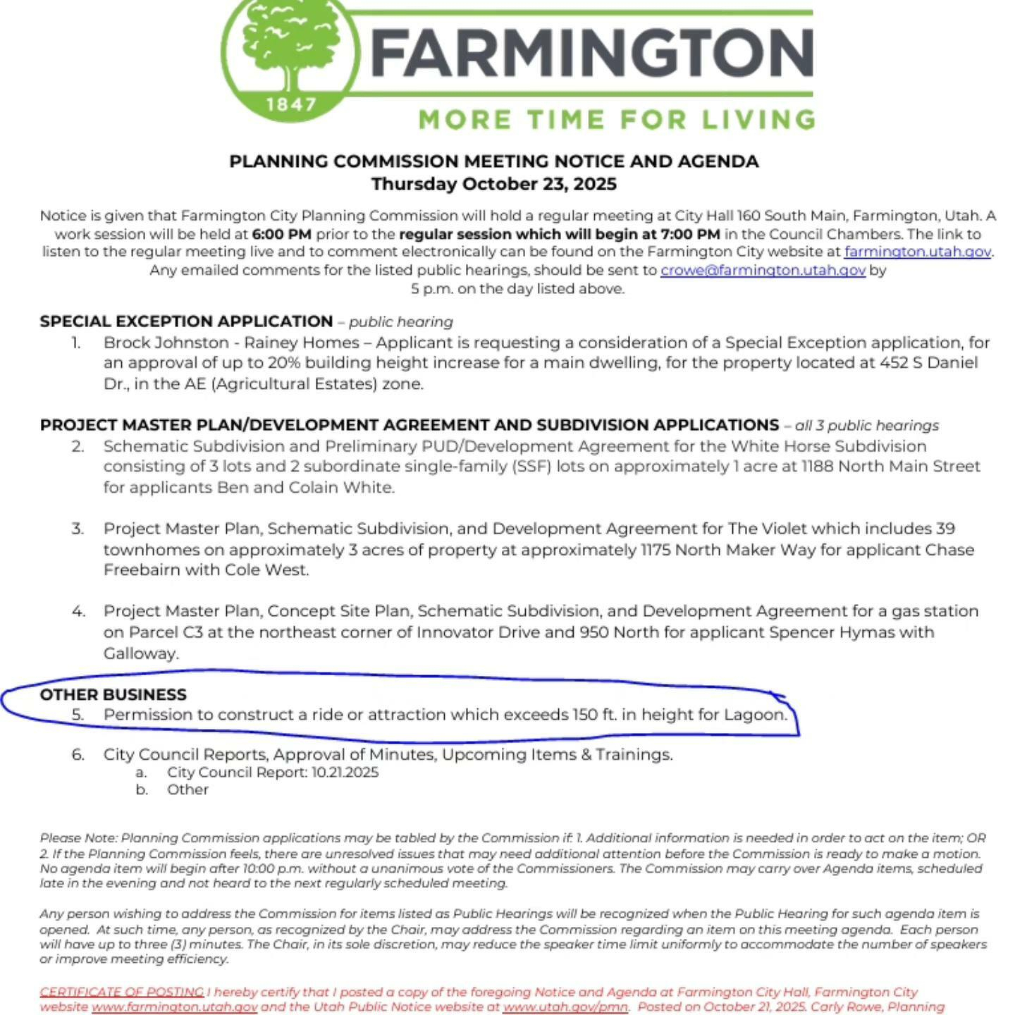 A notice outlines the agenda for the Farmington Planning Commission meeting on October 23, 2025, including public hearings, project master plans, and other business items such as a request to construct an attraction over 150 feet in height at Lagoon.