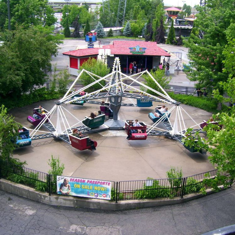 Space Scrambler at Lagoon Amusement Park. The picture is taken from Sky Ride looking West. The Sky Coaster building is seen in the background as well as the Double Thunder tower.