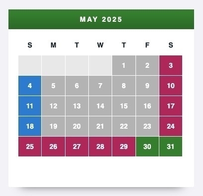 A color-coded calendar for May 2025, with days of the week labeled at the top. The first of May falls on a Thursday. Specific dates are highlighted in different colors: red (3, 10, 17, 24 - 29), blue (4, 11, 18), green (30, 31), and gray for the remaining days.