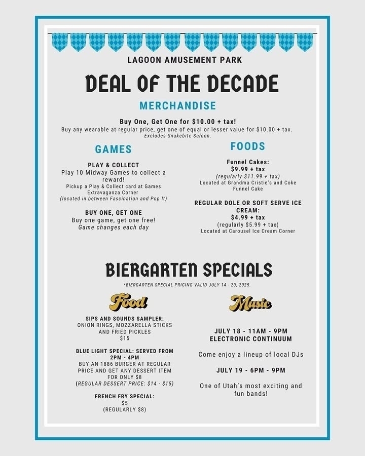 Promotional flyer for Lagoon Amusement Park's "Deal of the Decade," featuring special offers under four categories: Merchandise, Games, Foods, and Biergarten Specials. The flyer has a decorative blue border with a ribbon-style banner at the top.&10;Merchandise: Offer reads “Buy One, Get One for $10.00 + tax”—purchase any wearable item at full price and receive another of equal or lesser value for $10, excluding Snakebite Saloon.&10;Games: Two offers: “Play & Collect” challenges guests to play ten Midway Games to earn a reward; and “Buy One, Get One,” with a different qualifying game daily.&10;Foods: Discounted treats include funnel cakes for $9.99 (normally $11.99) at Grandma Cristie's and Coke Funnel Cake stands, and regular Dole or soft serve ice cream for $4.99 (normally $5.99) at Carousel Ice Cream Corner.&10;Biergarten Specials (valid July 14–20, 2025):&10;Food: “Sips and Sounds Sampler” with onion rings, mozzarella sticks, and fried pickles for $15; “Blue Light Special” from 2–4 PM offers a dessert for $8 when paired with a full-price 1886 burger (regular dessert price $14–$15); and French fry special for $5 (normally $8).&10;Music: July 18 features “Electronic Continuum” from 11 AM to 9 PM with local DJs; July 19 highlights “One of Utah’s most exciting and fun bands” from 6–9 PM.