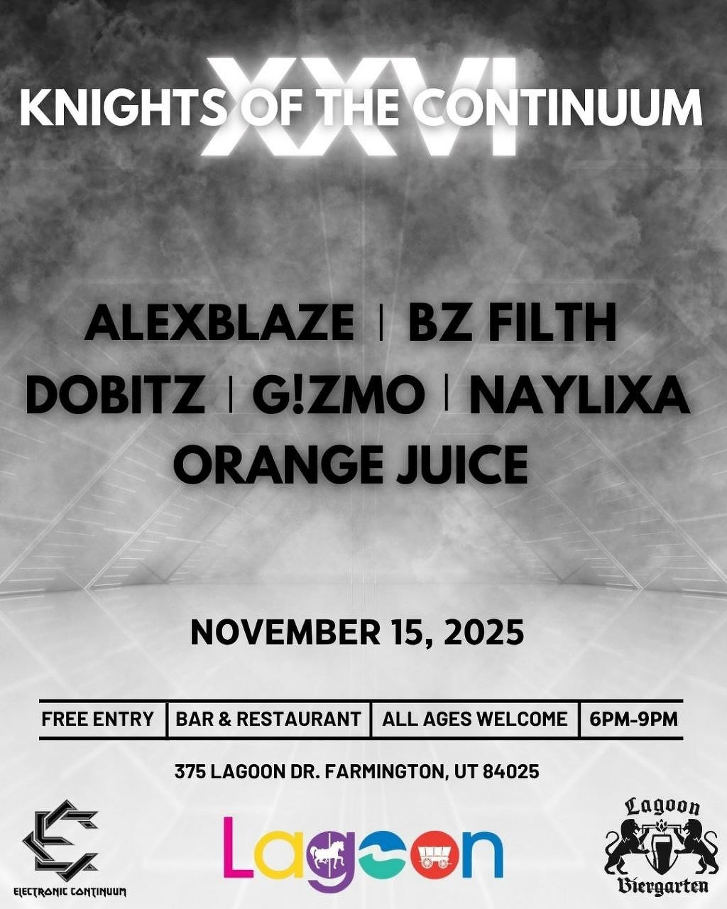 A promotional poster for Knights of the Continuum XXVI event lists performers and details the date as November 15, 2025, at Lagoon in Farmington, UT.