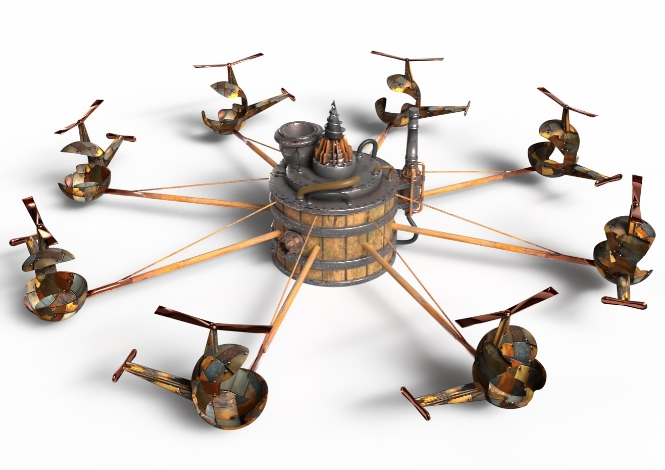 A computer generated image of helicopter looking ride vehicles attached to arms that connect to a center rotating piece that looks like a large barrel.