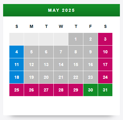 A calendar for May 2025 is color-coded with specific days highlighted in pink, blue, and green.