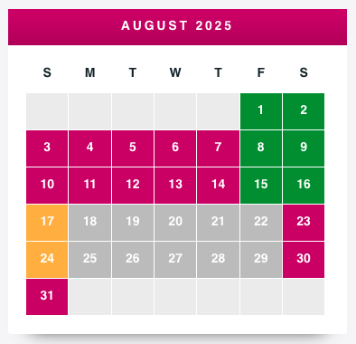 A colorful calendar for August 2025 highlights specific days in various colors, such as pink, green, and orange.