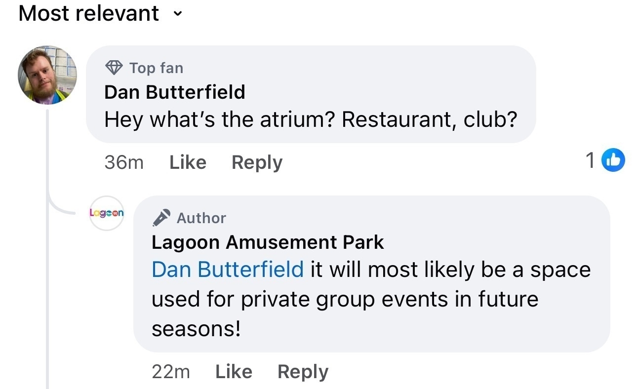 A social media post shows Dan Butterfield asking if the atrium is a restaurant or club, and Lagoon Amusement Park replying that it will likely be used for private group events.