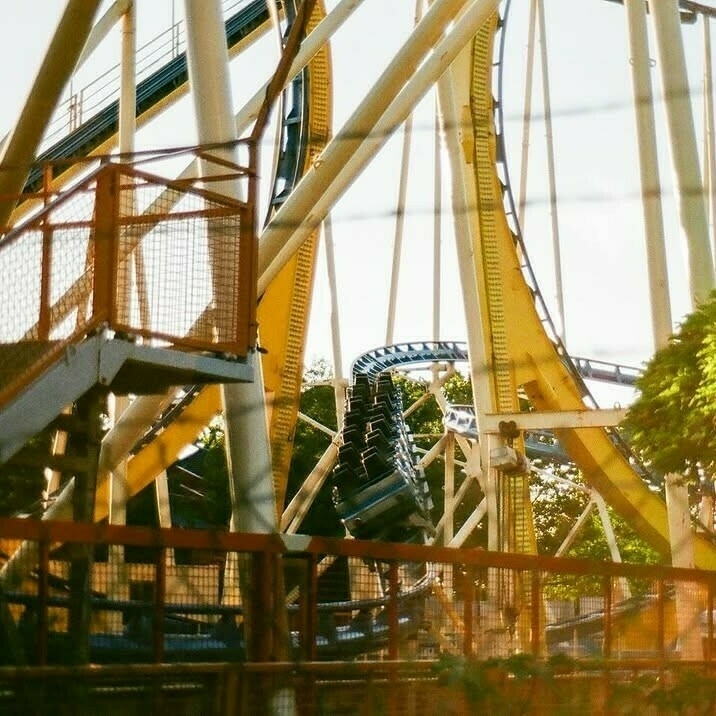 A vibrant yellow and blue roller coaster, the Fire Dragon, twists and turns against a backdrop of lush trees and a clear blue sky at Lagoon Amusement Park.