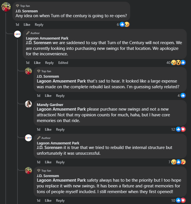 A Facebook conversation involves users discussing the reopening of a ride at Lagoon Amusement Park, noting it won't reopen and mentioning safety issues.